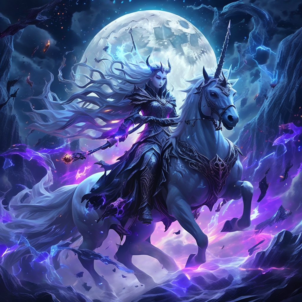 Leonardos's necromancer girl riding white unicorn