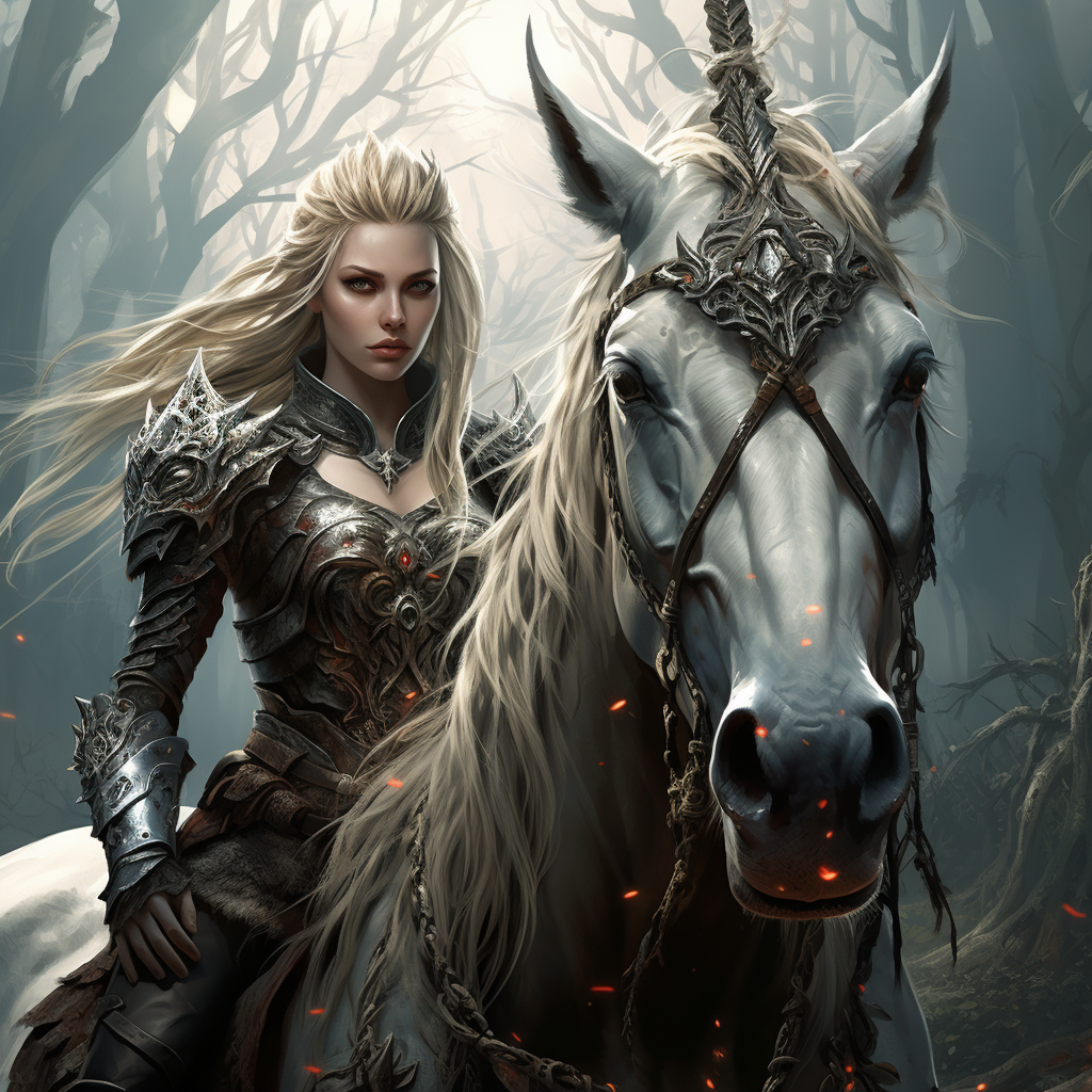 Midjourney's necromancer girl riding white unicorn