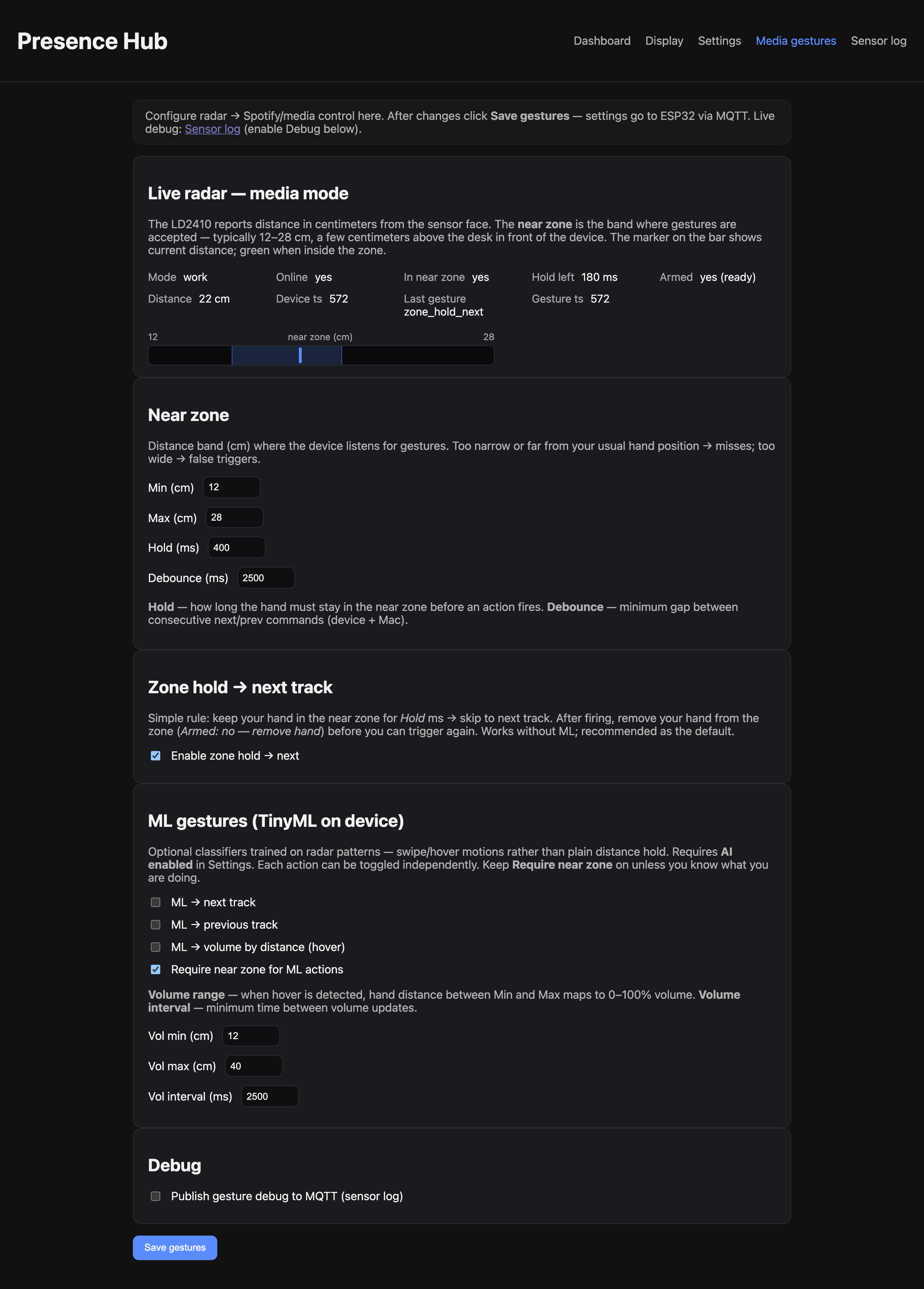 Media gestures page — near zone 12–28 cm, zone hold next track, TinyML toggles