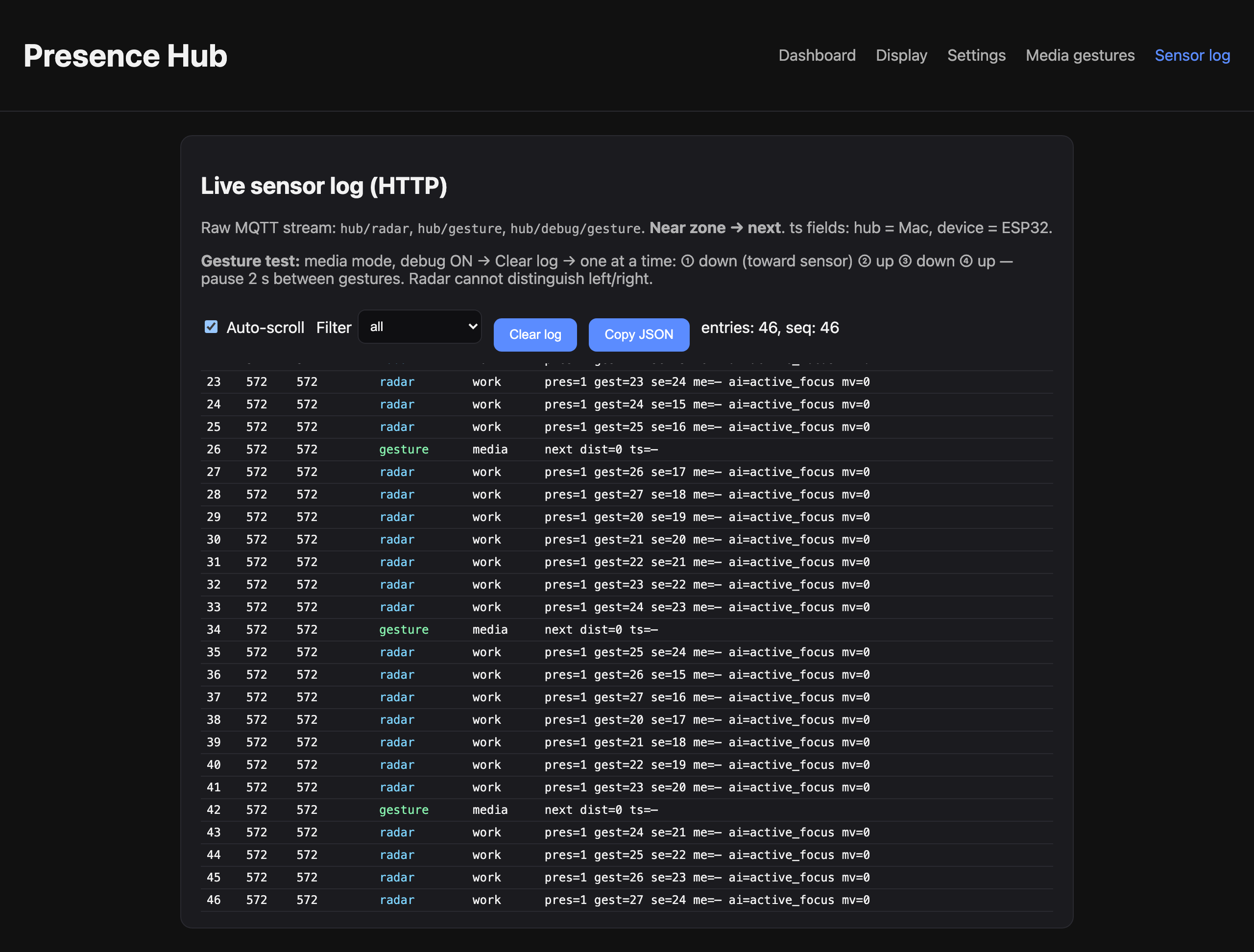 Presence Hub sensor log — radar and gesture debug stream