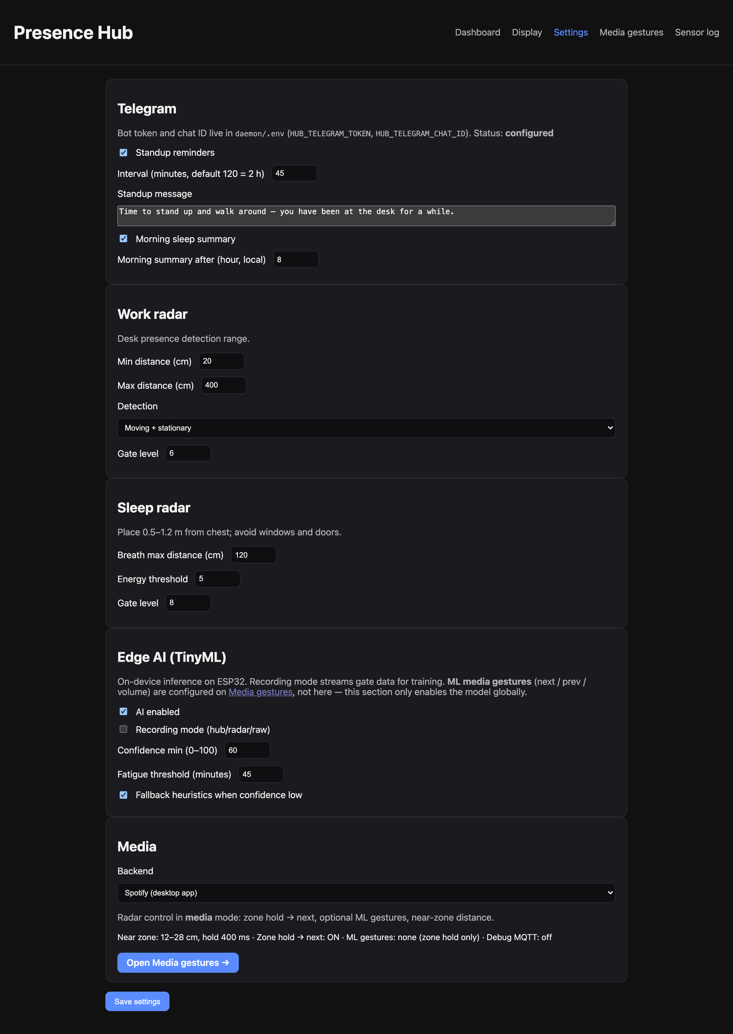 Hub settings — radar gates, standup interval, Edge AI, Spotify backend
