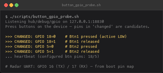 Illustrative GPIO probe — Btn1 GPIO 18, Btn2 GPIO 5, active LOW