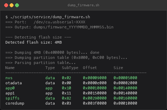 Illustrative terminal — esptool partition table from stock flash dump