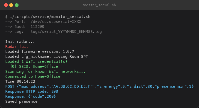 Illustrative colorized serial monitor — Radar fail then HTTP 200