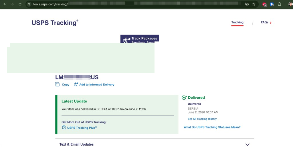 USPS tracking — Delivered, Serbia